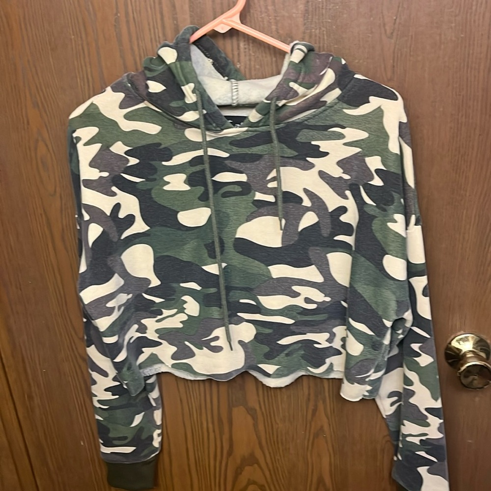 Size:M, Will fit a large,Camo crop top and shorts to match.